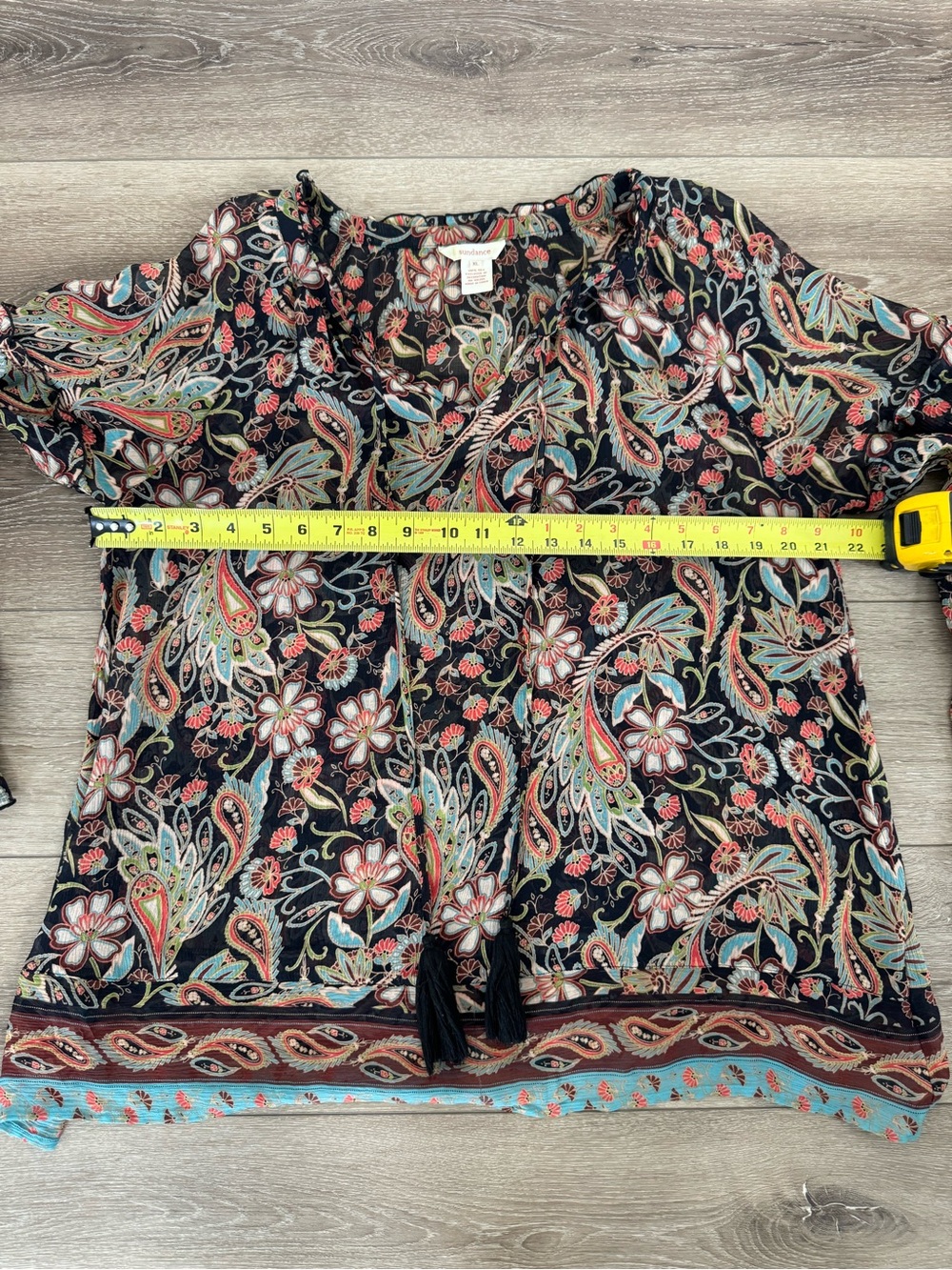 Sundance 100% Silk Boho Sheer Paisley Floral Tassel Tie Peasant Blouse XL - Picture 10 of 12